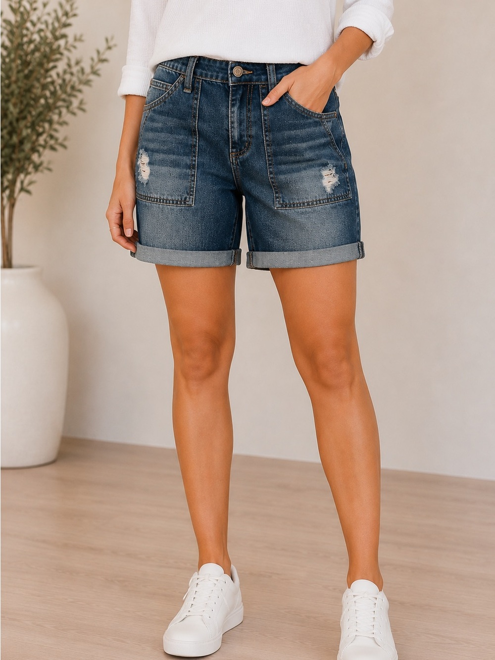 New York & Company Dark Wash Distressed Rolled Hem Denim Stretch Shorts Size 12